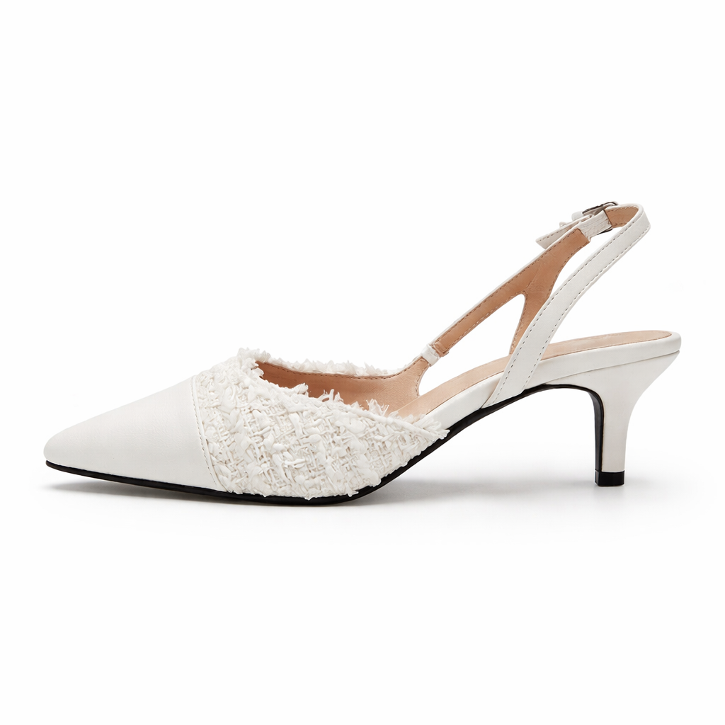 White Tweed Slingback Kitten Heel