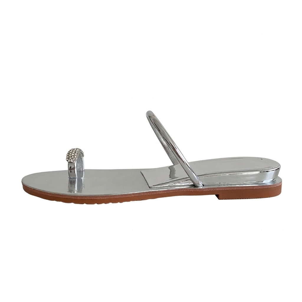 Silver Metallic Crystal Toe Ring Flat Sandal
