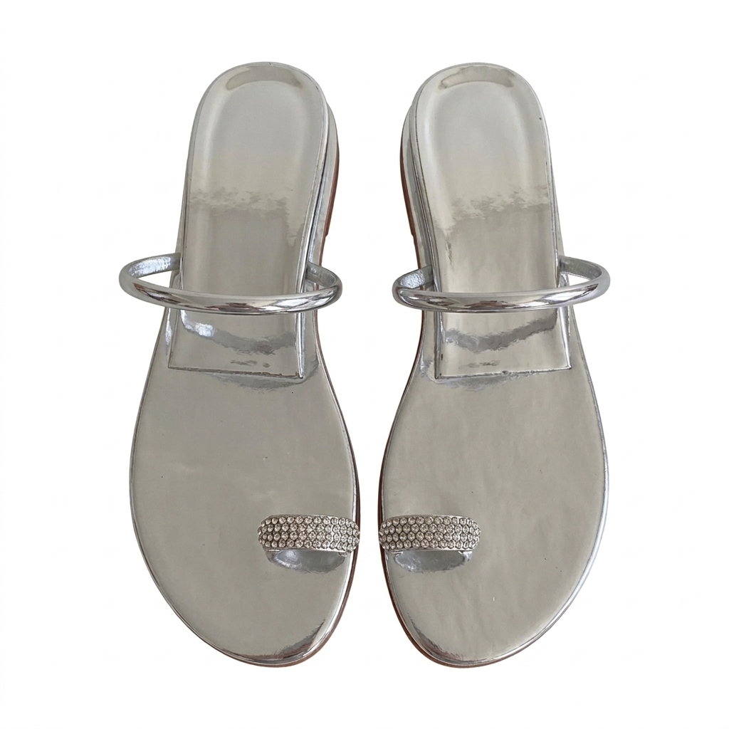 Silver Metallic Crystal Toe Ring Flat Sandal