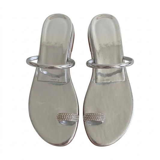 Silver Metallic Crystal Toe Ring Flat Sandal